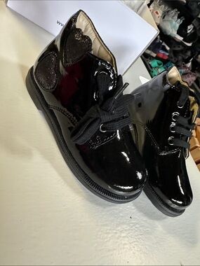 Alcott Black Patent Lace-Up Girls Ankle Boots with Heart Detail